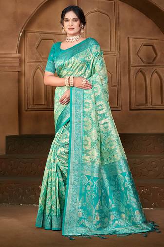 sangam prints   sea green silk blend woven work traditional saree