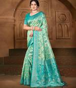 sangam prints   sea green silk blend woven work traditional saree