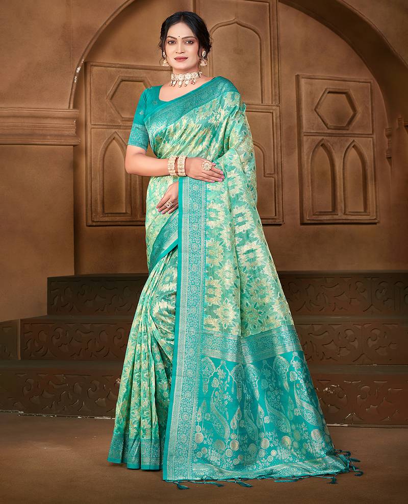 sangam prints   sea green silk blend woven work traditional saree