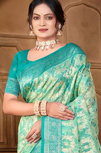 sangam prints   sea green silk blend woven work traditional saree