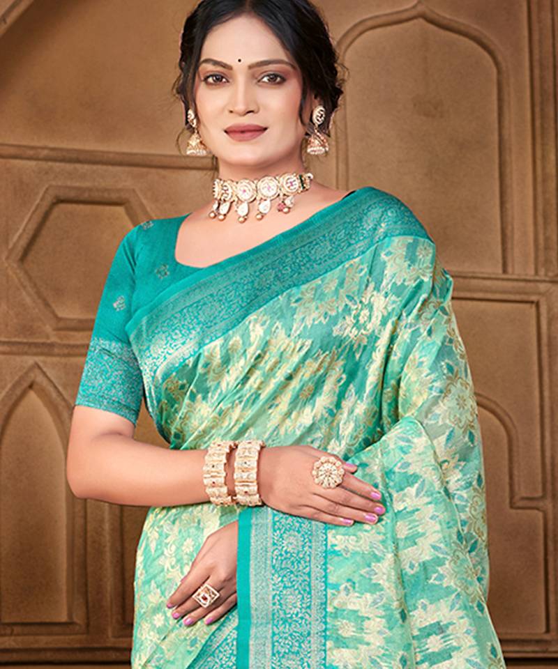 sangam prints   sea green silk blend woven work traditional saree