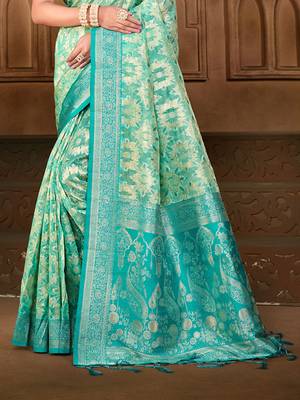 sangam prints   sea green silk blend woven work traditional saree 3