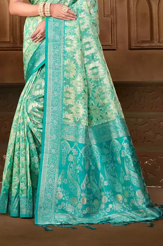 sangam prints   sea green silk blend woven work traditional saree