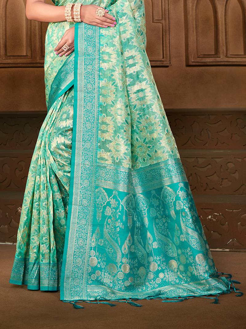 sangam prints   sea green silk blend woven work traditional saree