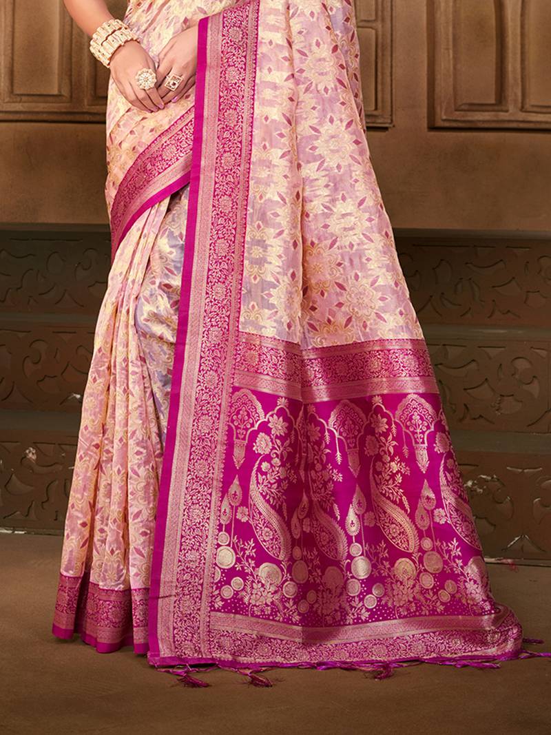 light_pink silk blend woven work traditional saree
