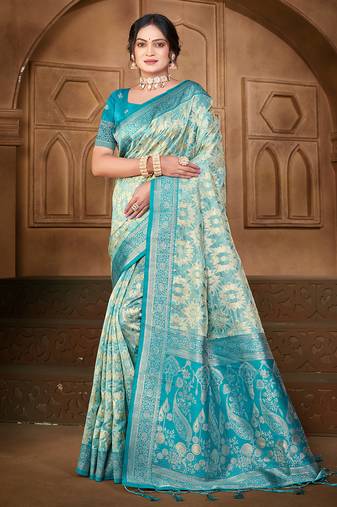light blue silk blend woven work traditional saree