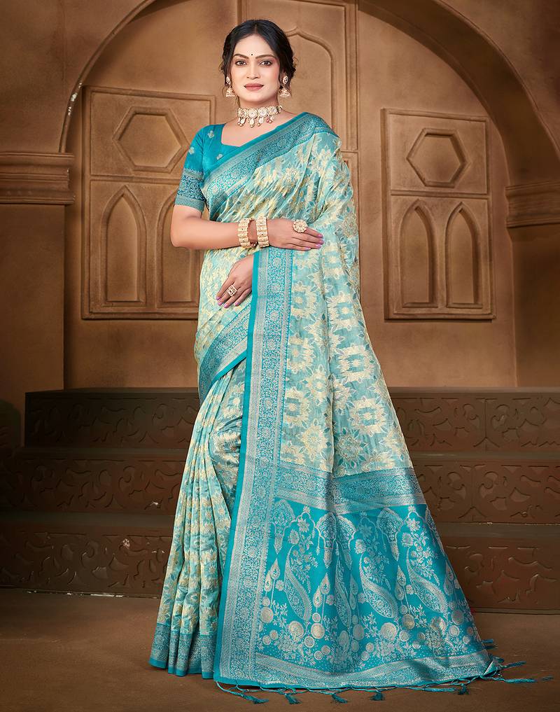 light blue silk blend woven work traditional saree