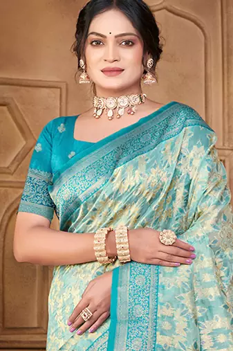 light blue silk blend woven work traditional saree