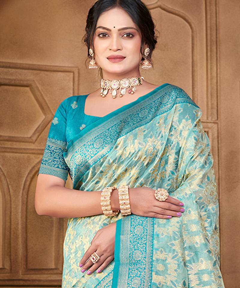 light blue silk blend woven work traditional saree