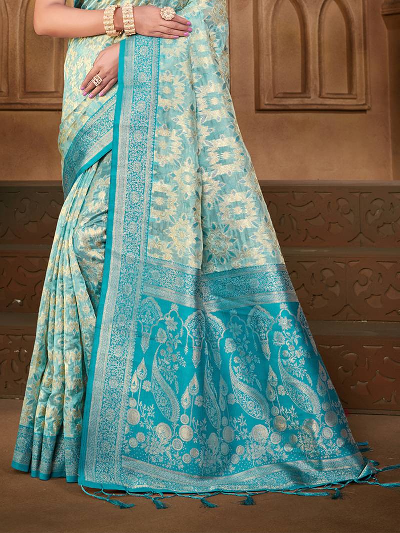 light blue silk blend woven work traditional saree