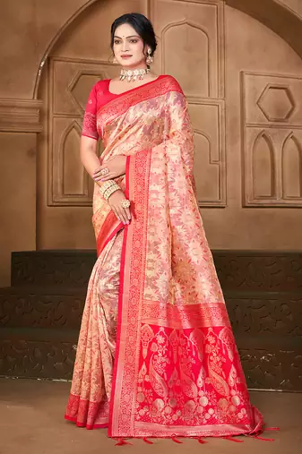 light_peach silk blend woven work traditional saree