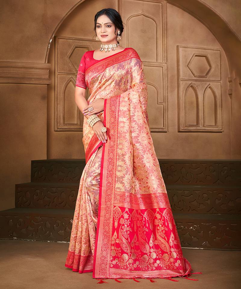 light_peach silk blend woven work traditional saree