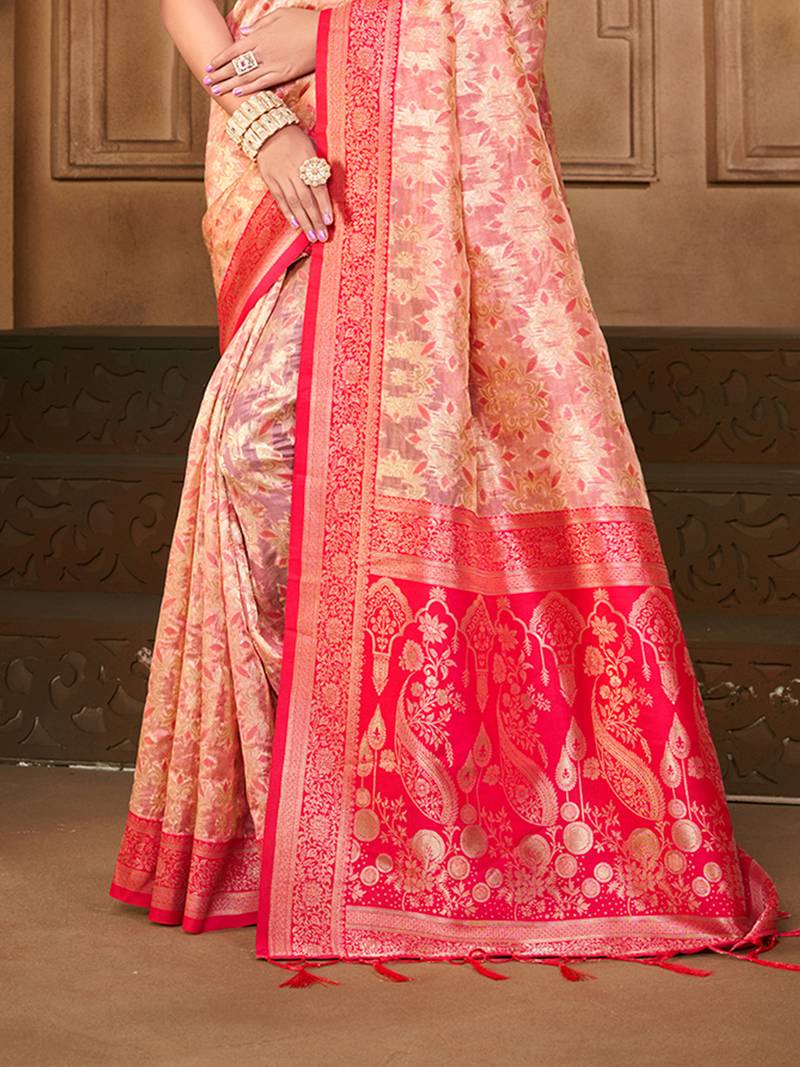light_peach silk blend woven work traditional saree