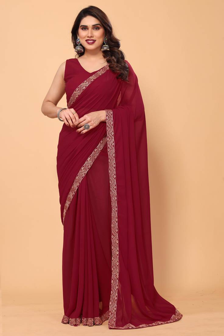 Party Wear Bollywoood Style Georgette Saree With Embroidery Border