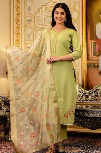 Women's Beautiful Viscose Shimer Fabric Embroidery Work Straight Kurta Pant and Dupatta Set