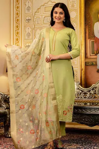 Women's Beautiful Viscose Shimer Fabric Embroidery Work Straight Kurta Pant and Dupatta Set