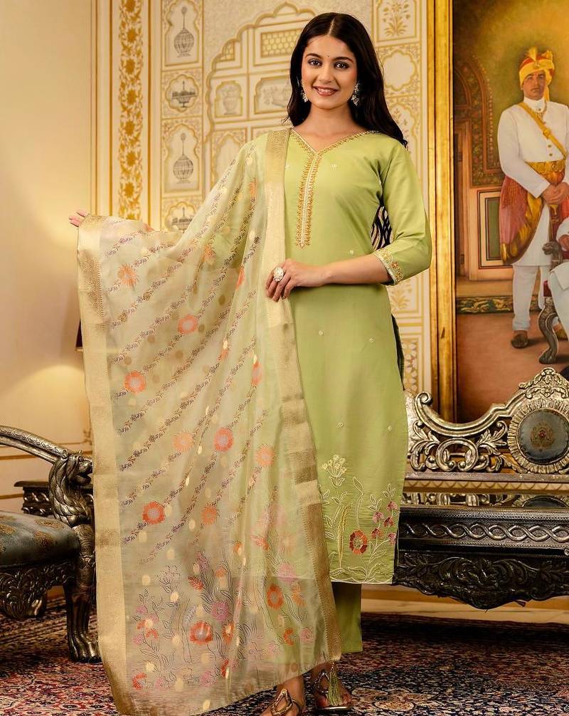 Women's Beautiful Viscose Shimer Fabric Embroidery Work Straight Kurta Pant and Dupatta Set