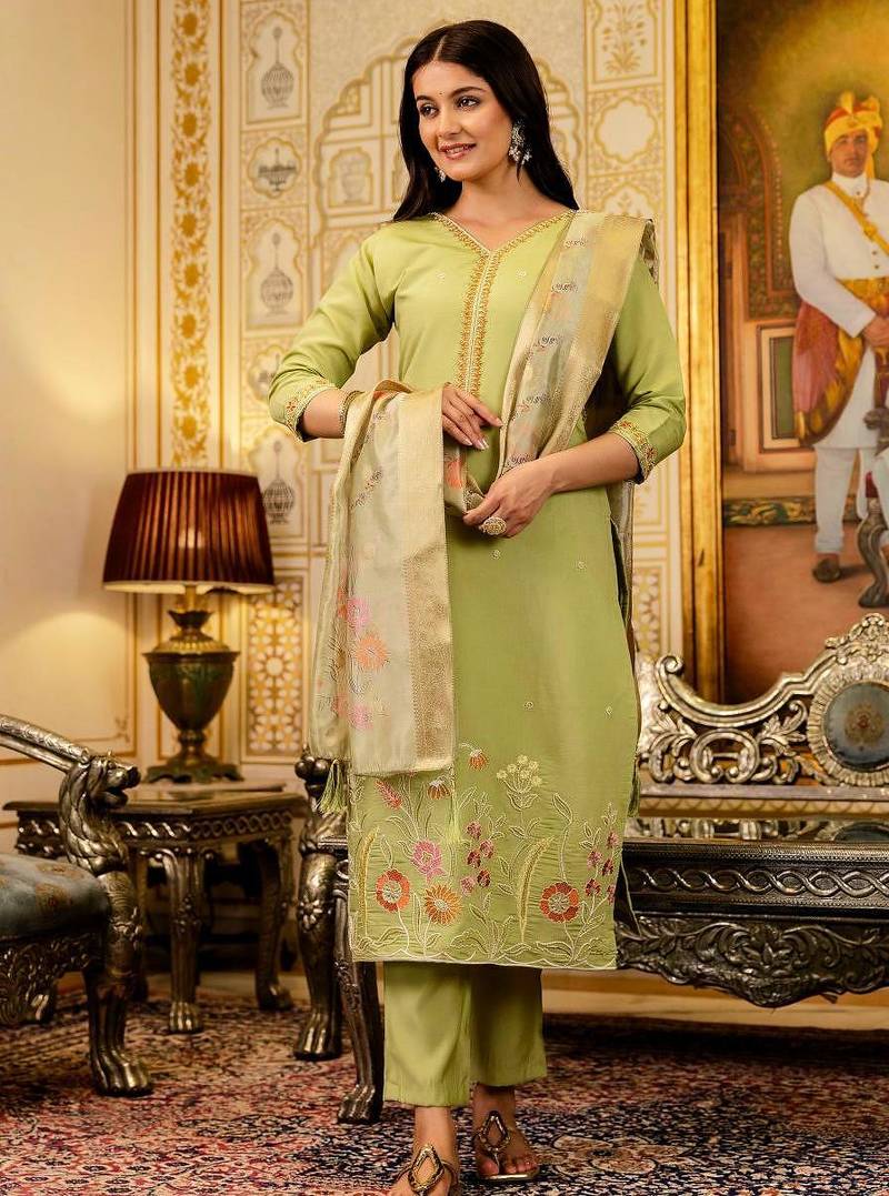 Women's Beautiful Viscose Shimer Fabric Embroidery Work Straight Kurta Pant and Dupatta Set