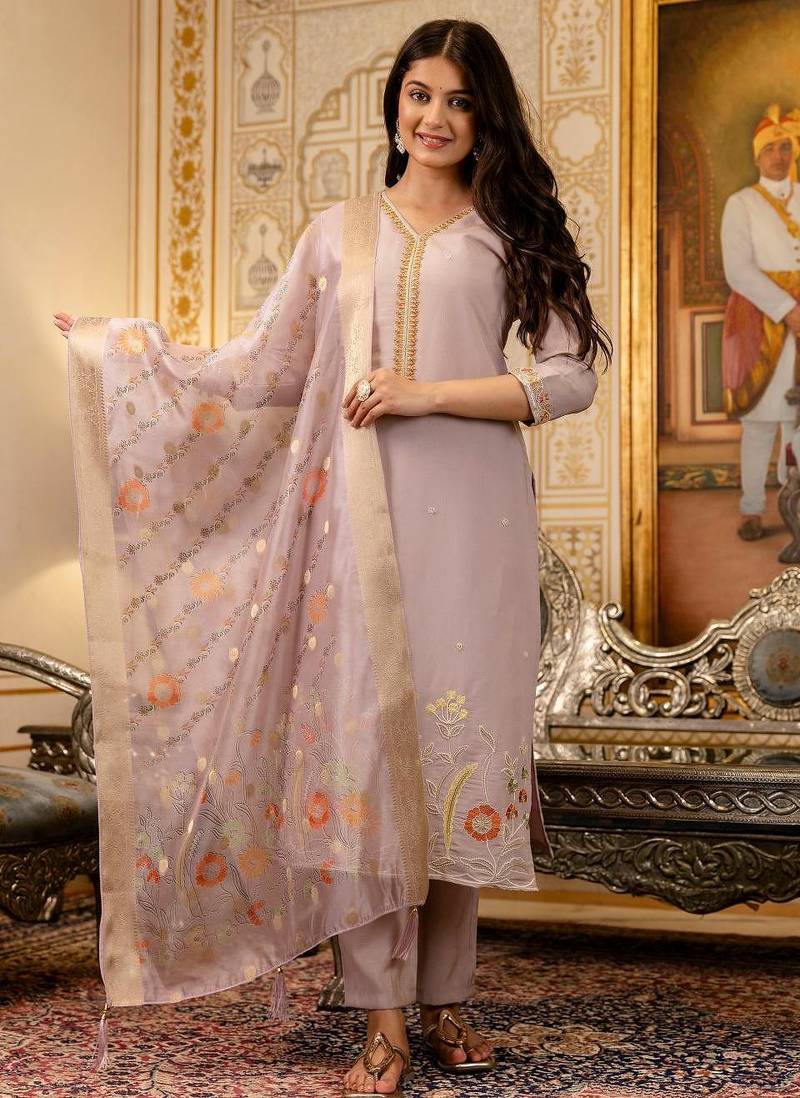 Women's Beautiful Viscose Shimer Fabric Embroidery Work Straight Kurta Pant and Dupatta Set
