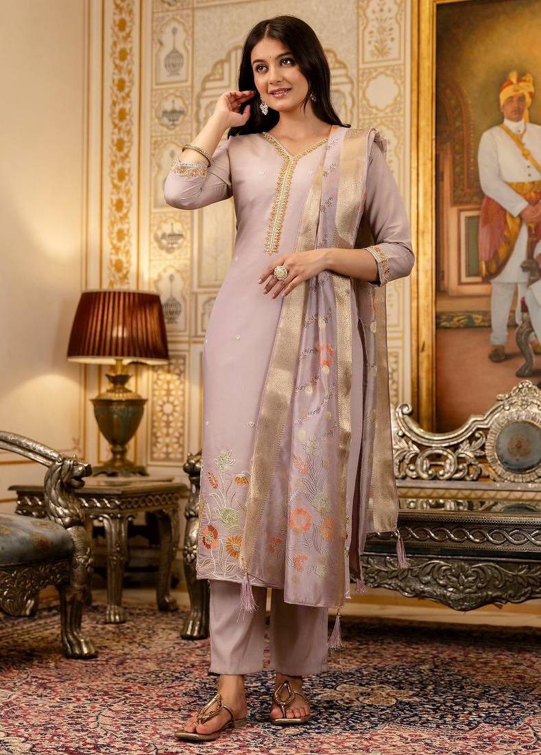 Women's Beautiful Viscose Shimer Fabric Embroidery Work Straight Kurta Pant and Dupatta Set