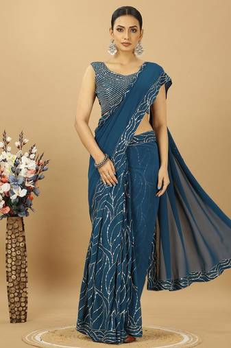 Attractive Georgette Sequince Embroidery Ready to Wear Saree With Unstitched Sequence Blouse