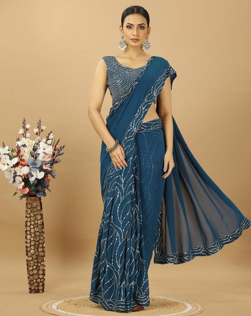 Attractive Georgette Sequince Embroidery Ready to Wear Saree With Unstitched Sequence Blouse