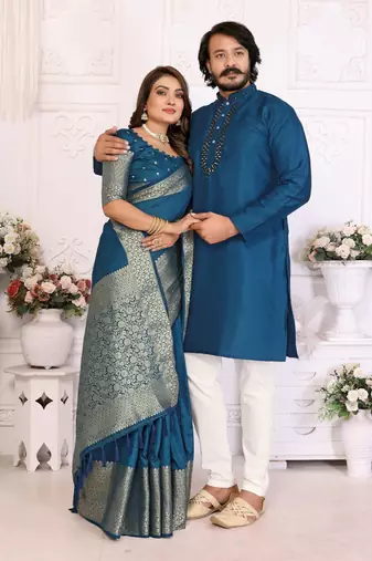 Blue silk men's kurta with payjama and designer saree couple combo