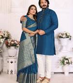 Blue silk men's kurta with payjama and designer saree couple combo