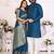Blue silk men's kurta with payjama and designer saree couple combo