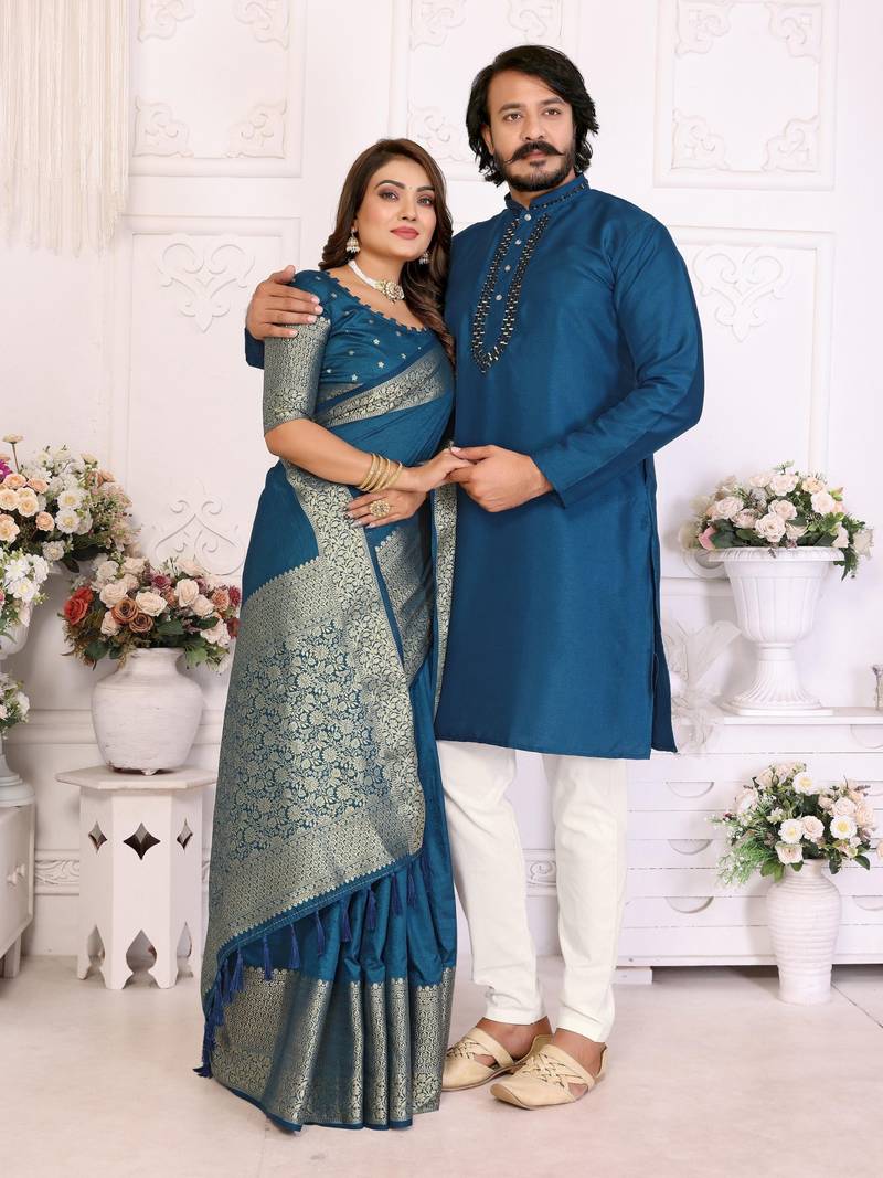 Blue silk men's kurta with payjama and designer saree couple combo