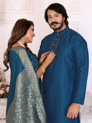 Blue silk men's kurta with payjama and designer saree couple combo 2