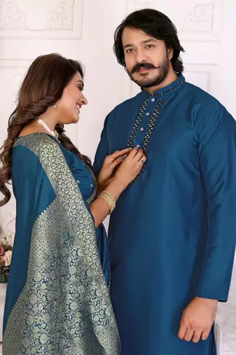 Blue silk men's kurta with payjama and designer saree couple combo