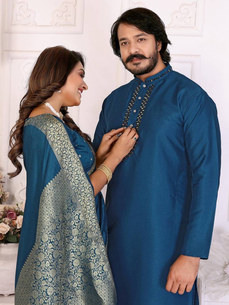 Blue silk men's kurta with payjama and designer saree couple combo