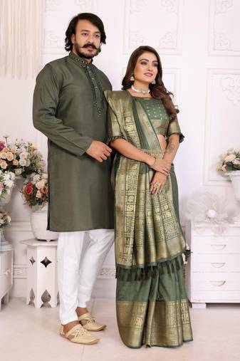Green silk men's kurta with payjama and designer saree couple combo