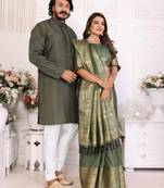 Green silk men's kurta with payjama and designer saree couple combo