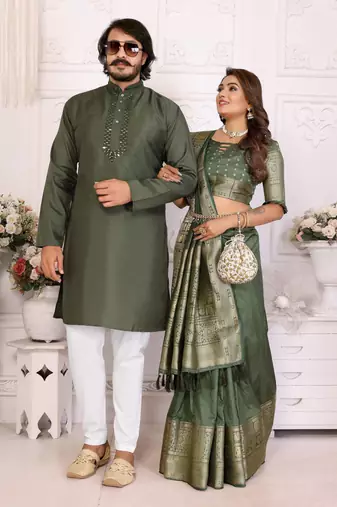 Green silk men's kurta with payjama and designer saree couple combo