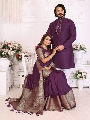 Purple silk men's kurta with payjama and designer saree couple combo 1