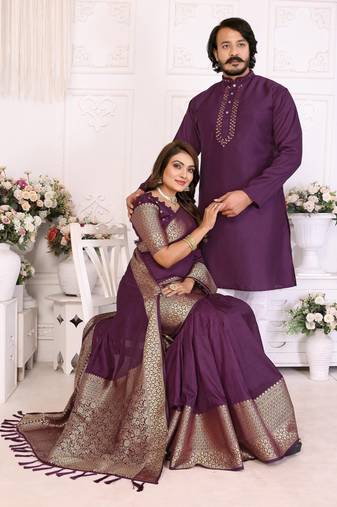 Purple silk men's kurta with payjama and designer saree couple combo