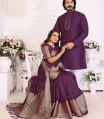 Purple silk men's kurta with payjama and designer saree couple combo