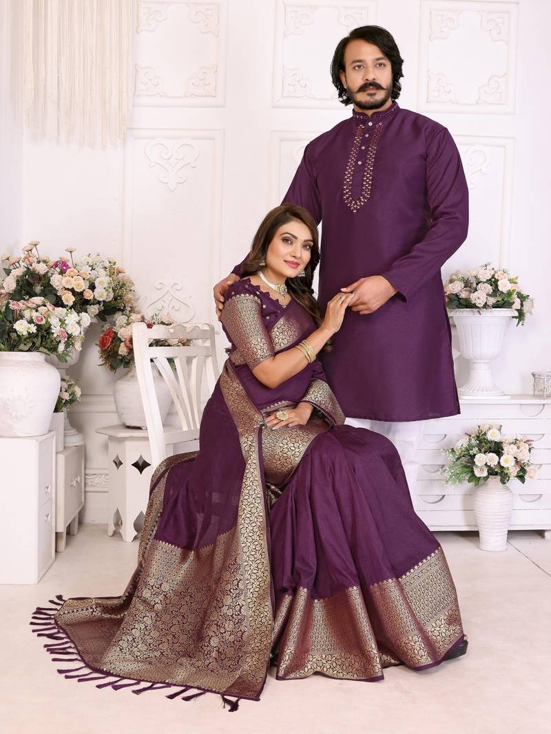 Purple silk men's kurta with payjama and designer saree couple combo
