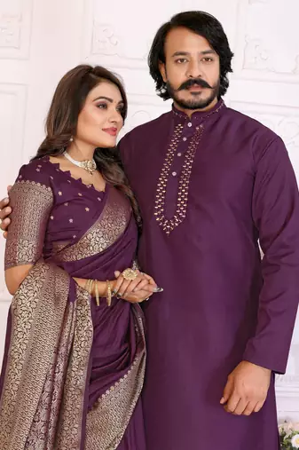 Purple silk men's kurta with payjama and designer saree couple combo