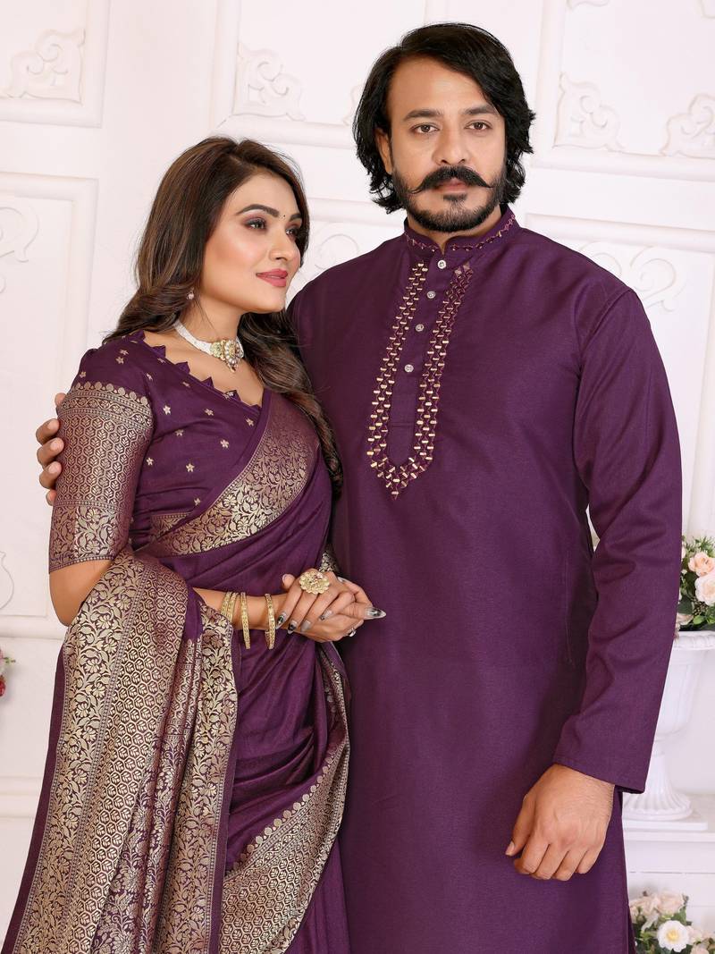 Purple silk men's kurta with payjama and designer saree couple combo