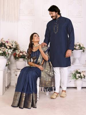 Navy blue silk men's kurta with payjama and designer saree couple combo 1