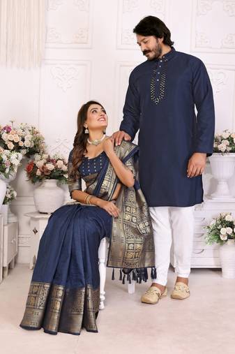 Navy blue silk men's kurta with payjama and designer saree couple combo