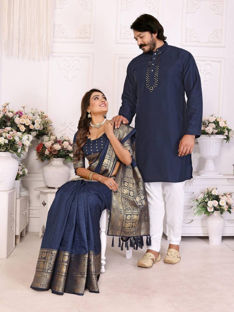 Navy blue silk men's kurta with payjama and designer saree couple combo