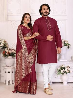 Red silk men's kurta with payjama and designer saree couple combo 1