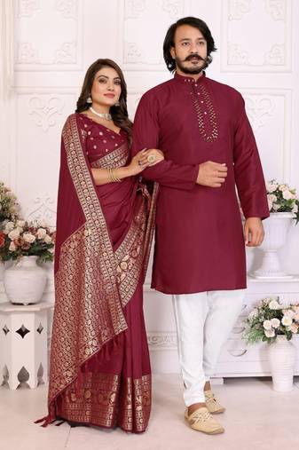 Red silk men's kurta with payjama and designer saree couple combo
