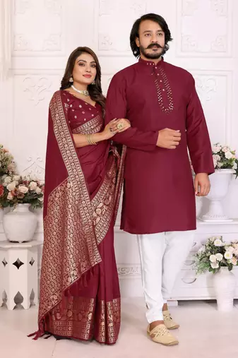 Red silk men's kurta with payjama and designer saree couple combo