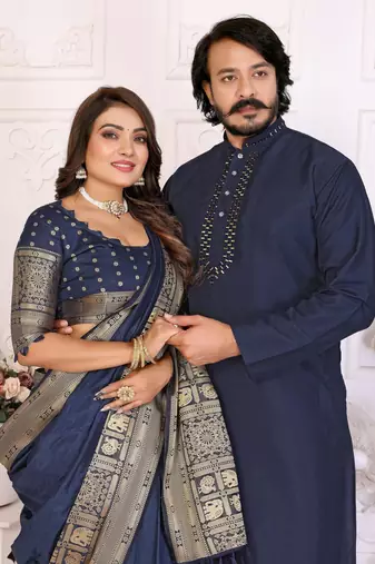 Navy blue silk men's kurta with payjama and designer saree couple combo
