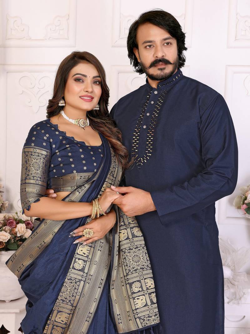 Navy blue silk men's kurta with payjama and designer saree couple combo